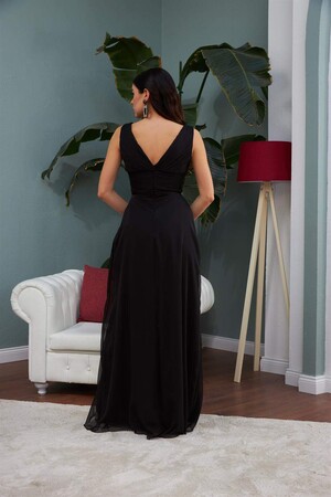 Black Chiffon Collar Stone Long Evening Dress and Invitation Dress - 5