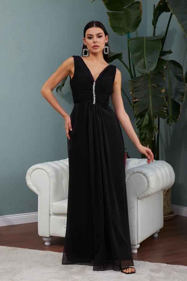 Black Chiffon Collar Stone Long Evening Dress and Invitation Dress - 1