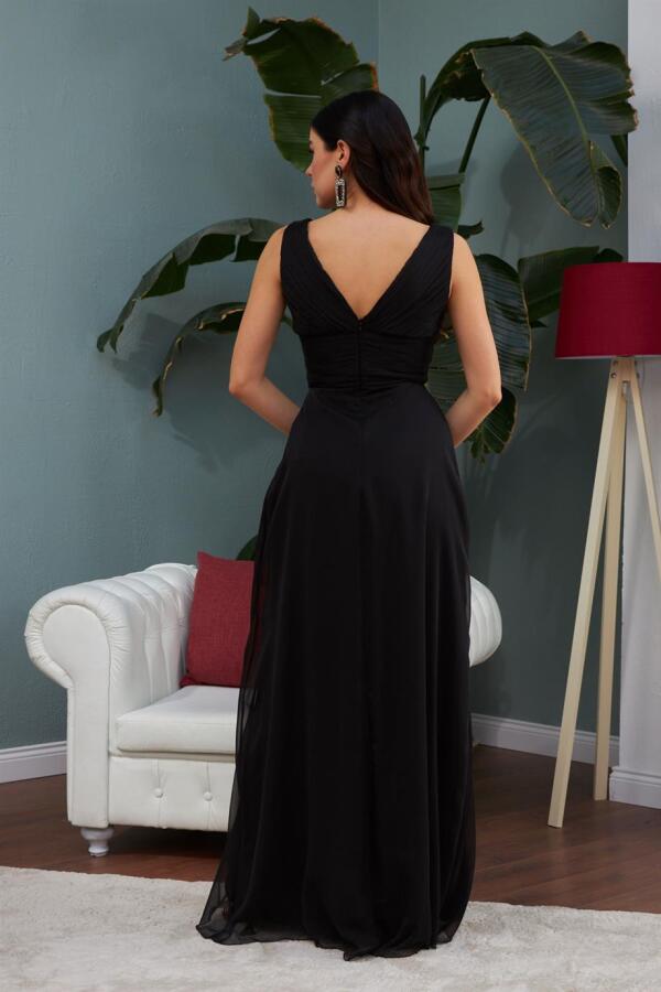 Black Chiffon Collar Stone Long Evening Dress and Invitation Dress - 5