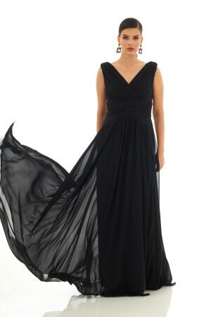 Black Chiffon V-Neck Long Evening Dress - 1