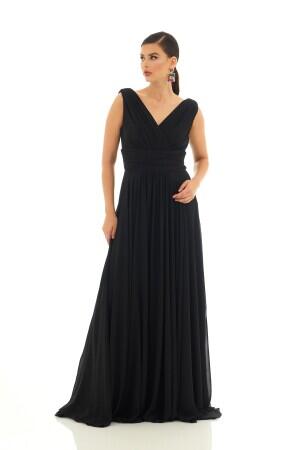 Black Chiffon V-Neck Long Evening Dress - 3