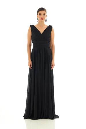 Black Chiffon V-Neck Long Evening Dress - 4