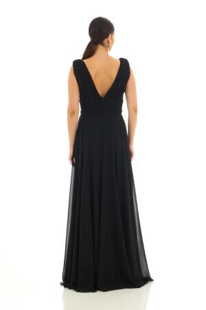 Black Chiffon V-Neck Long Evening Dress - 5