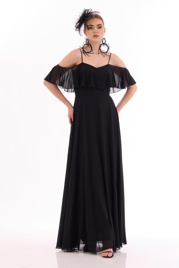 Black Low Sleeve Strap Long Evening Dress - 1