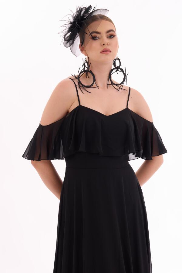 Black Low Sleeve Strap Long Evening Dress - 2