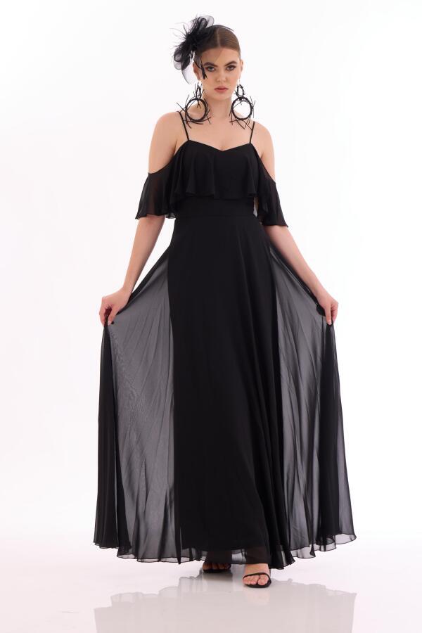 Black Low Sleeve Strap Long Evening Dress - 3