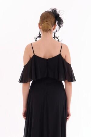 Black Low Sleeve Strap Long Evening Dress - 4