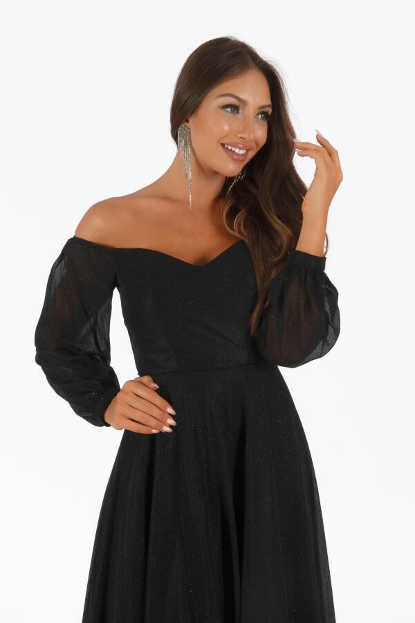 Black Glitter Collar Long Sleeve Engagement Dress - 2