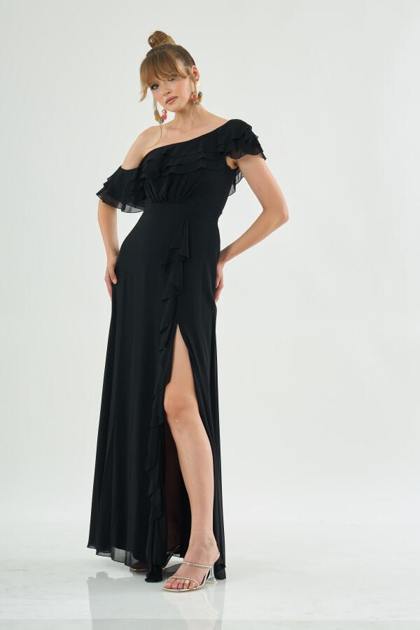 Black Chiffon Shoulder Flounce Slit Evening Dress - 1