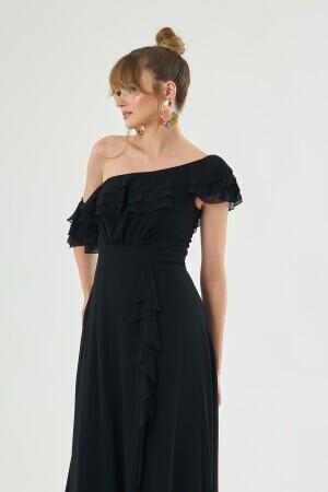 Black Chiffon Shoulder Flounce Slit Evening Dress - 2