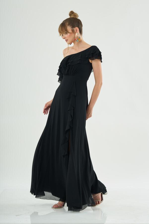 Black Chiffon Shoulder Flounce Slit Evening Dress - 3