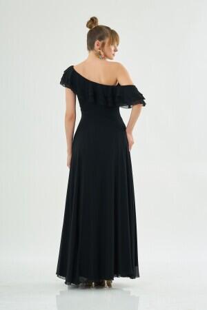 Black Chiffon Shoulder Flounce Slit Evening Dress - 4