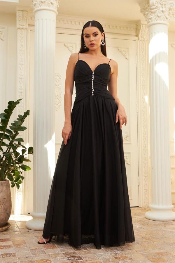 Black Chiffon Strap Long Evening Dress & Invitation Dress with Stone Collar - 1