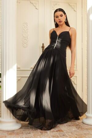 Black Chiffon Strap Long Evening Dress & Invitation Dress with Stone Collar - 2