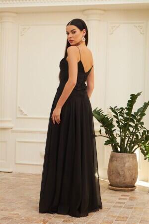 Black Chiffon Strap Long Evening Dress & Invitation Dress with Stone Collar - 4