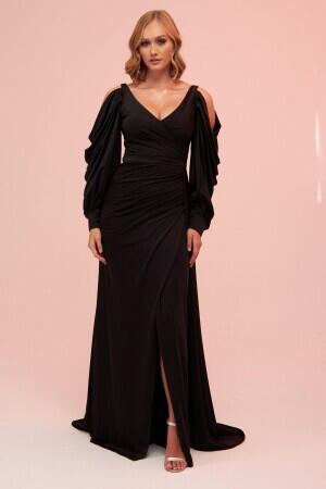 Black Sleeve Detailed Slit Long Venezia Evening Dress - 1