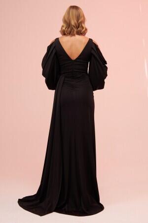 Black Sleeve Detailed Slit Long Venezia Evening Dress - 5