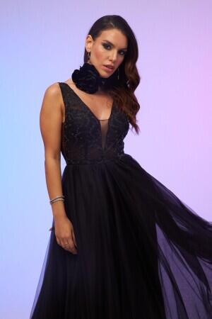 Black Tulle Low-Rise Midi Dress - 1