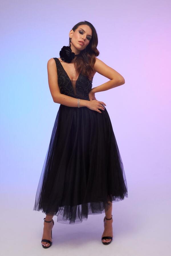 Black Tulle Low-Rise Midi Dress - 2