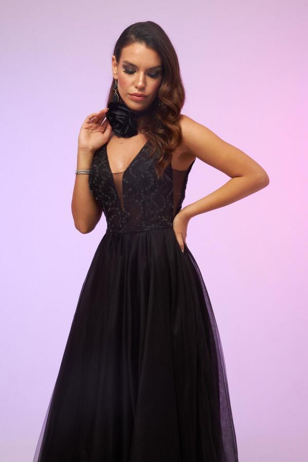 Black Tulle Low-Rise Midi Dress - 4