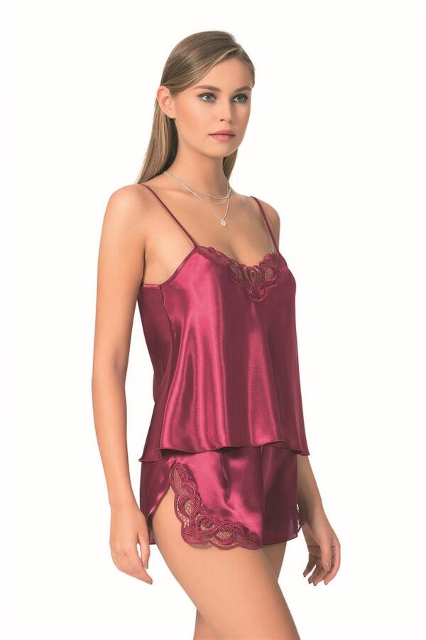 Bordo Saten Babydoll Şort Takımı - 1