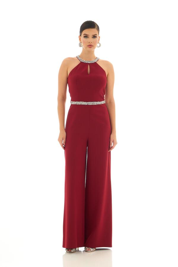 Burgundy Collar and Stone Waist Jumpsuit - 1