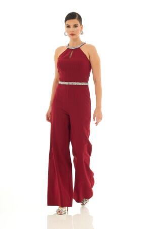 Burgundy Collar and Stone Waist Jumpsuit - 3