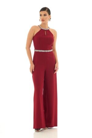 Burgundy Collar and Stone Waist Jumpsuit - 4