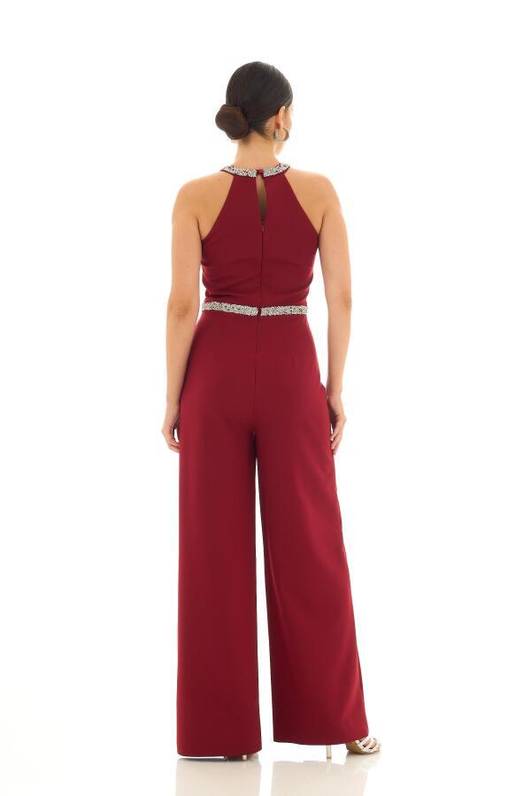 Burgundy Collar and Stone Waist Jumpsuit - 5