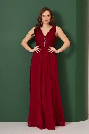 Burgundy Chiffon Collar Stone Long Evening Dress & Invitation Dress - 1