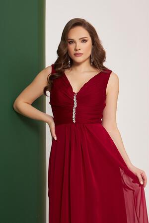 Burgundy Chiffon Collar Stone Long Evening Dress & Invitation Dress - 2