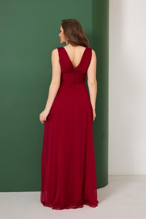 Burgundy Chiffon Collar Stone Long Evening Dress & Invitation Dress - 4