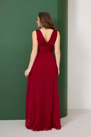 Burgundy Chiffon Collar Stone Long Evening Dress & Invitation Dress - 4