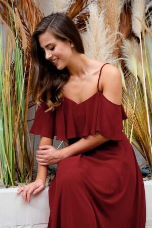 Burgundy Low Sleeve Strappy Long Evening Dress - 4