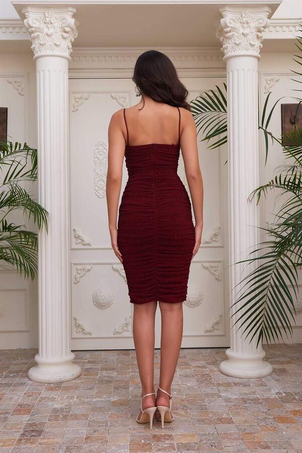 Claret Red Glitter Knitted Strap Short Evening Dress - 5