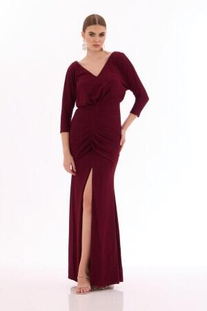 Burgundy Silvery Slit Long Evening Dress - 1