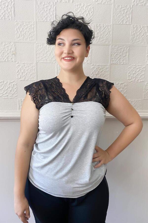 Button Lace Plus Size Combed Cotton Blouse Gray - 1