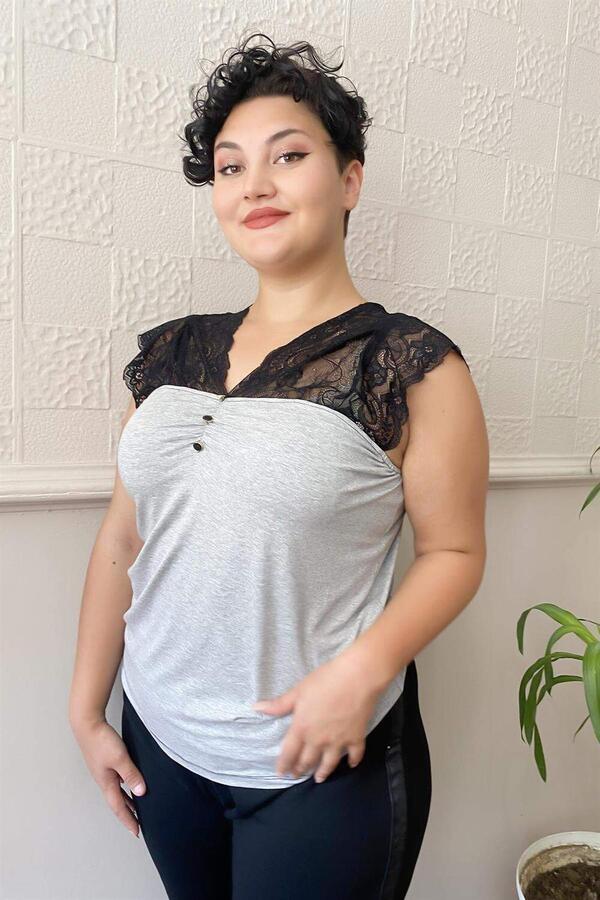 Button Lace Plus Size Combed Cotton Blouse Gray - 2