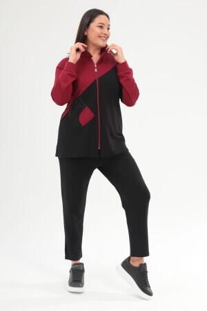 Büyük Beden Fermuarlı Sweatshirt Pantolon Bordo Takım - 2