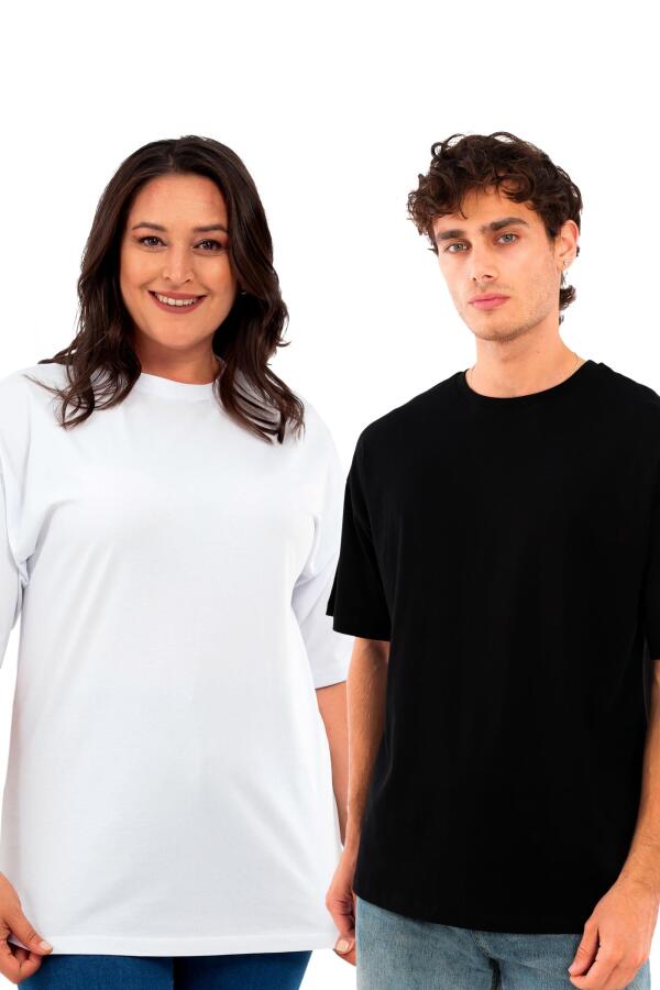 Büyük Beden Unisex Oversize Bisiklet Yaka Basic Siyah-Beyaz t-shirt / Rahat 2'li Paket - 1