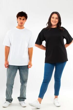 Büyük Beden Unisex Oversize Bisiklet Yaka Basic Siyah-Beyaz t-shirt / Rahat 2'li Paket - 2