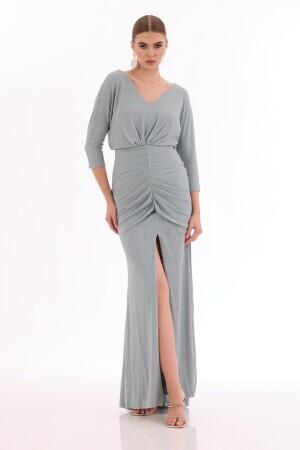 Çağla Silvery Slit Long Evening Dress - 1