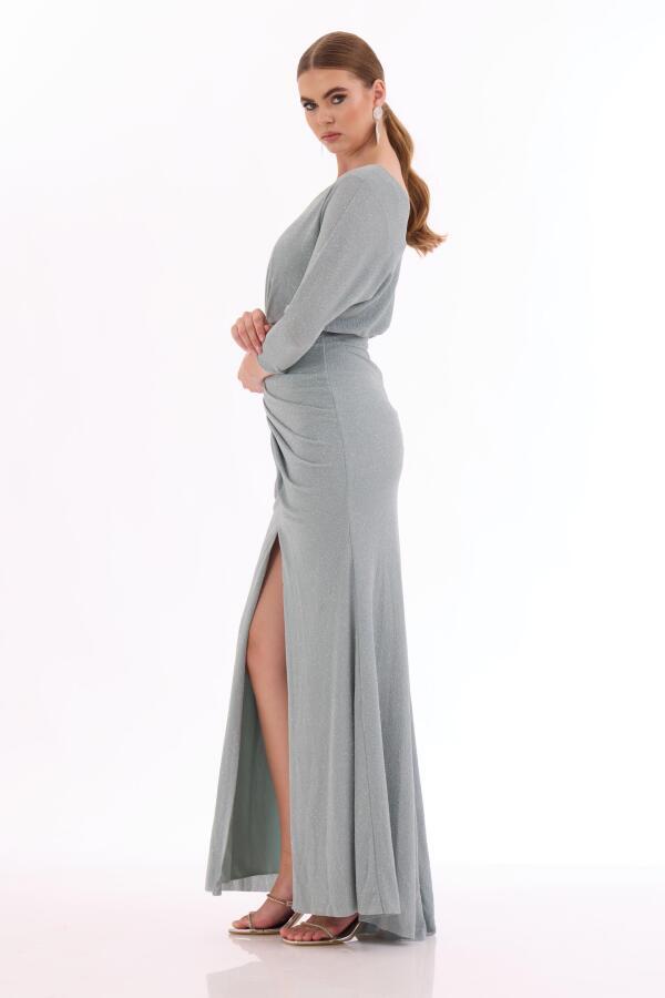 Çağla Silvery Slit Long Evening Dress - 3