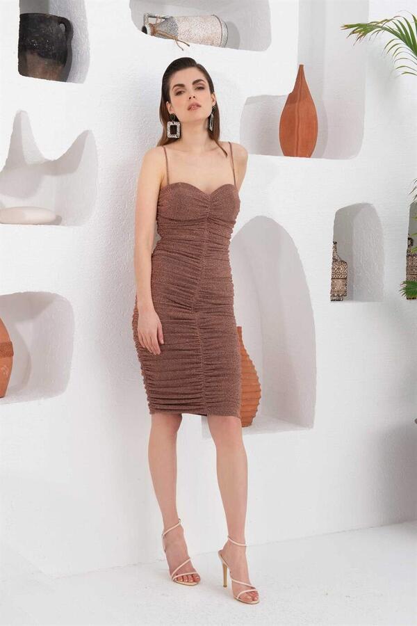 Copper Lurex Knitted Strap Short Evening Dress - 3