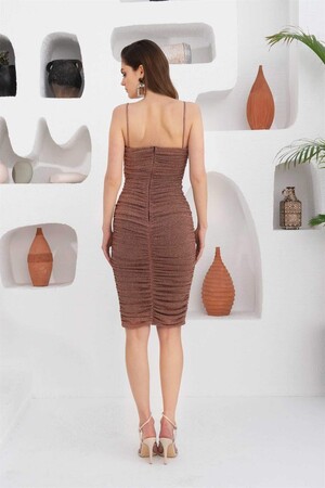 Copper Lurex Knitted Strap Short Evening Dress - 5