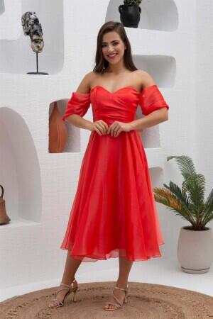 Coral Low Sleeve Organza Engagement Evening Dress - 1