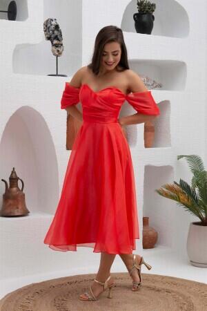 Coral Low Sleeve Organza Engagement Evening Dress - 3