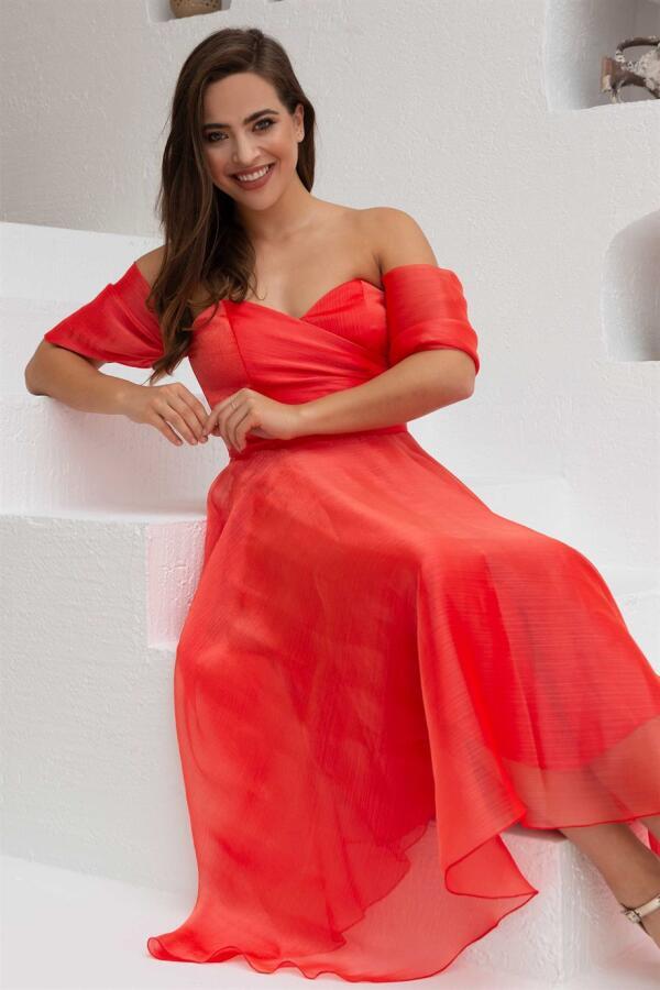 Coral Low Sleeve Organza Engagement Evening Dress - 4