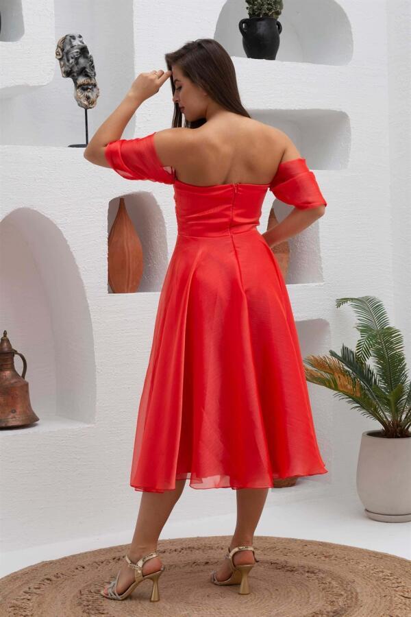 Coral Low Sleeve Organza Engagement Evening Dress - 5