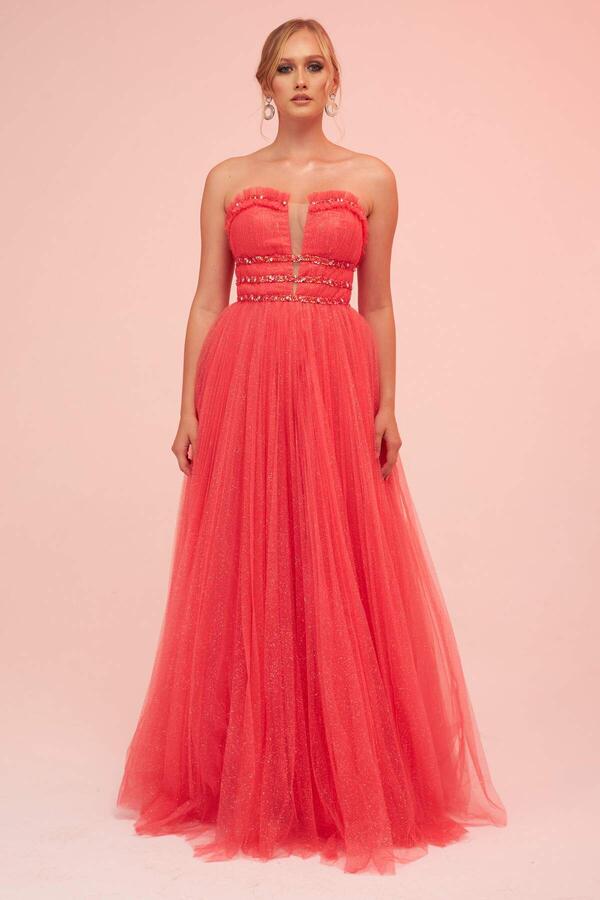 Coral Strapless Backless Tulle Engagement Dress - 1